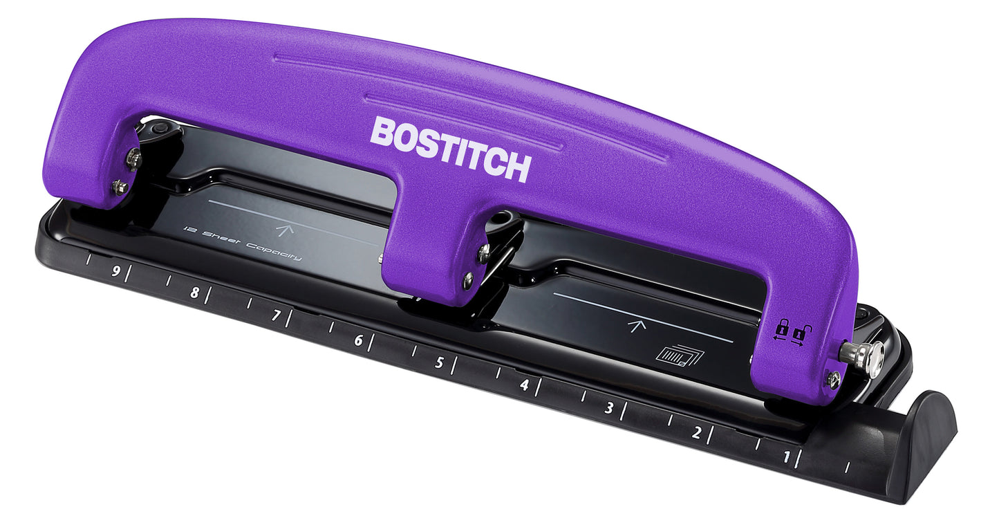 Bostitch Office EZ Squeeze Reduced Effort 3-Hole Punch, 12 Sheets, Purple