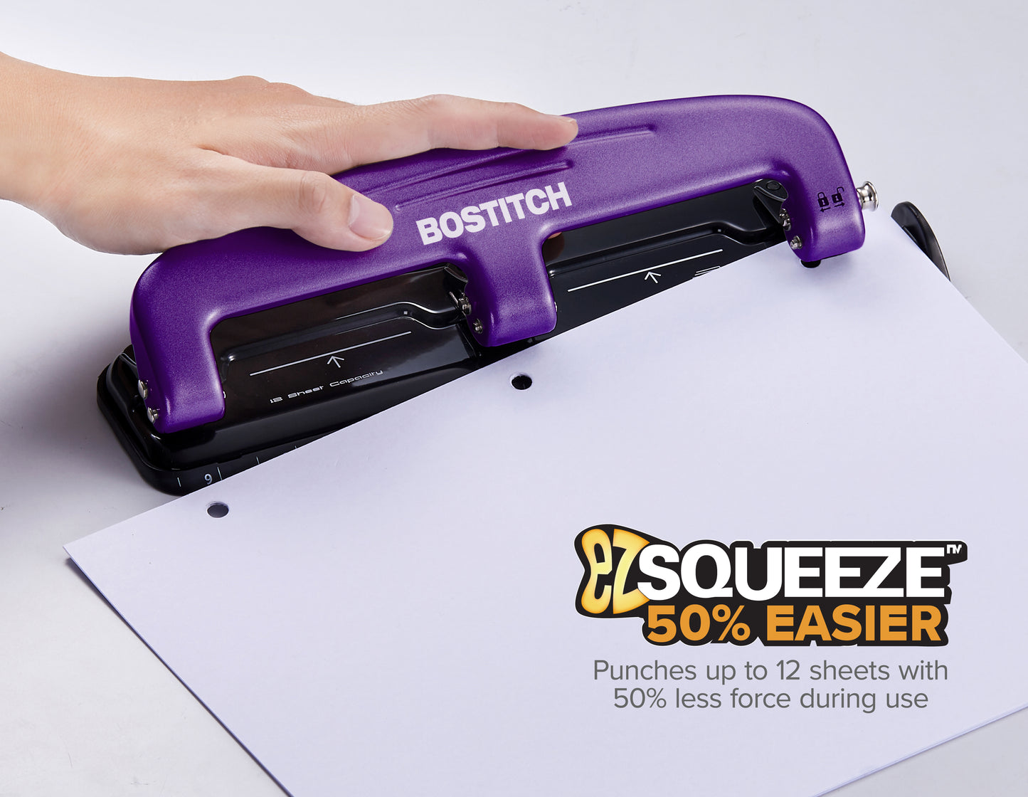 Bostitch Office EZ Squeeze Reduced Effort 3-Hole Punch, 12 Sheets, Purple