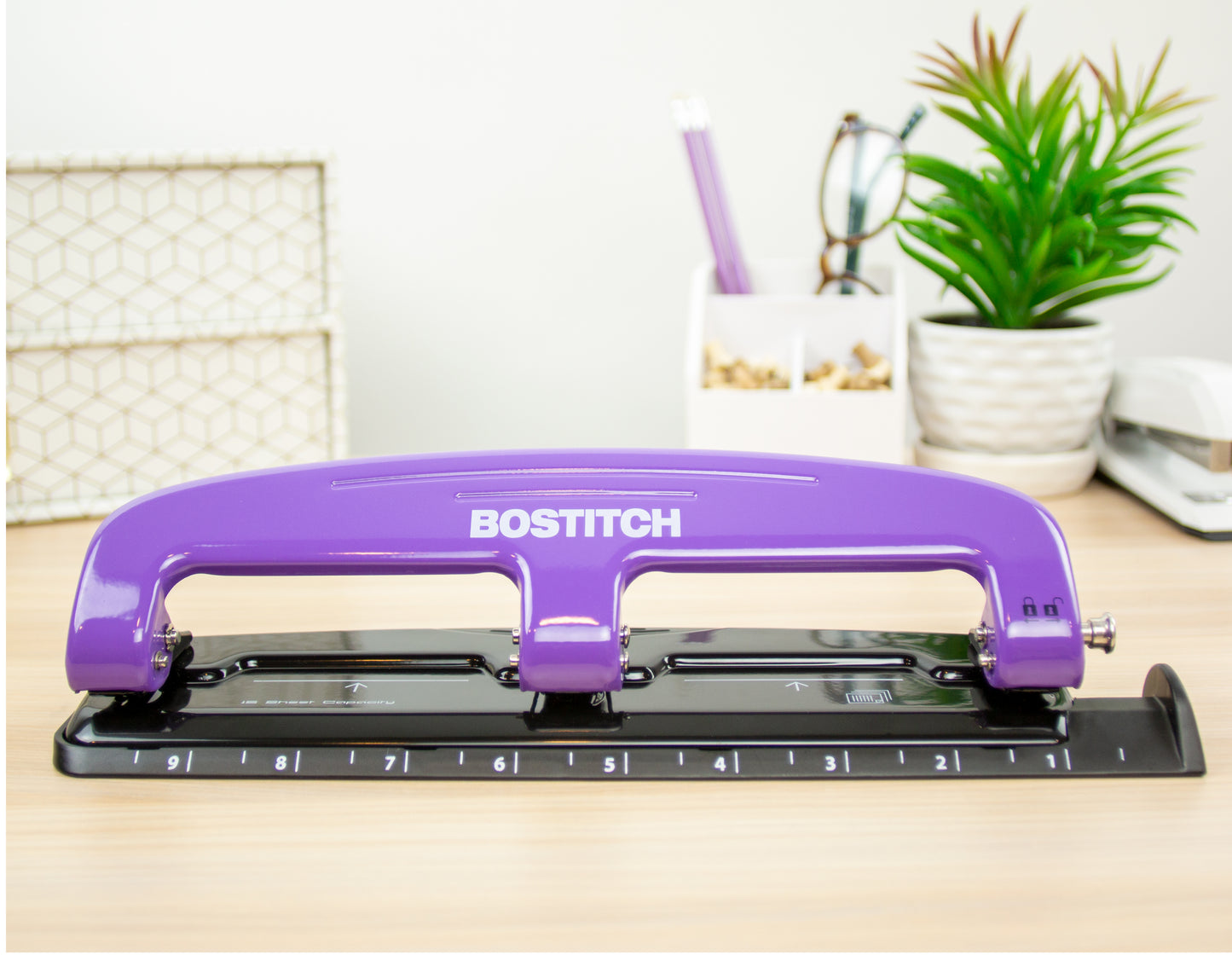 Bostitch Office EZ Squeeze Reduced Effort 3-Hole Punch, 12 Sheets, Purple