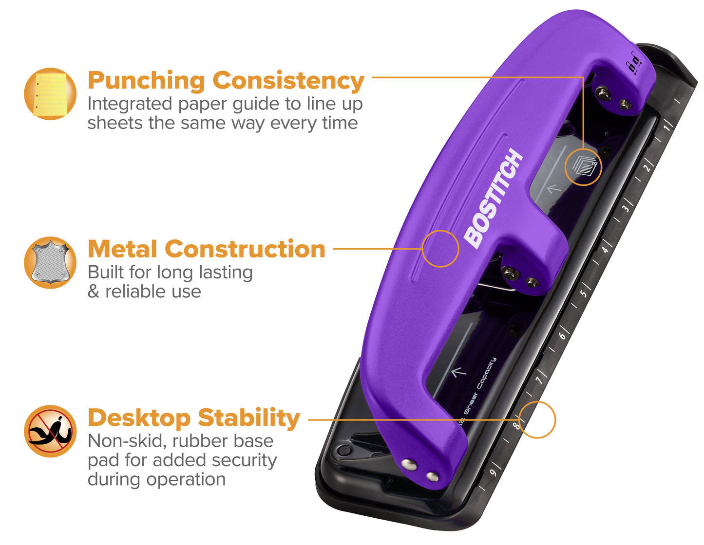 Bostitch Office EZ Squeeze Reduced Effort 3-Hole Punch, 12 Sheets, Purple