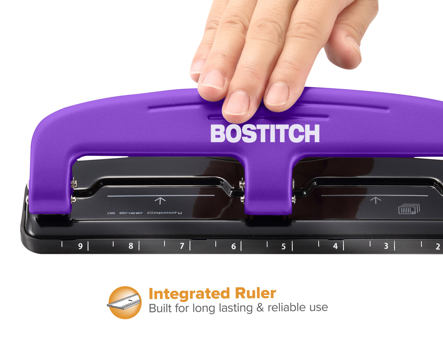 Bostitch Office EZ Squeeze Reduced Effort 3-Hole Punch, 12 Sheets, Purple