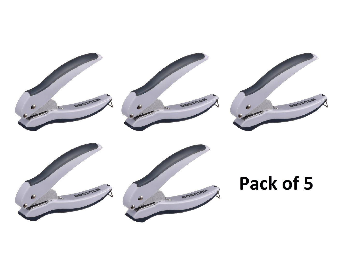 Pack of 5, Bostitch Office EZ Squeeze One-Hole Punch, 10 Sheet Capacity, Lightweight, Gray/Blue (2402)